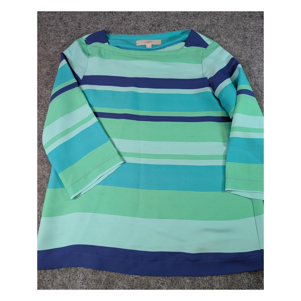 Ann Taylor LOFT Petite Blouse XSP Teal Green Navy Blue Striped 3/4 Sleeve Top